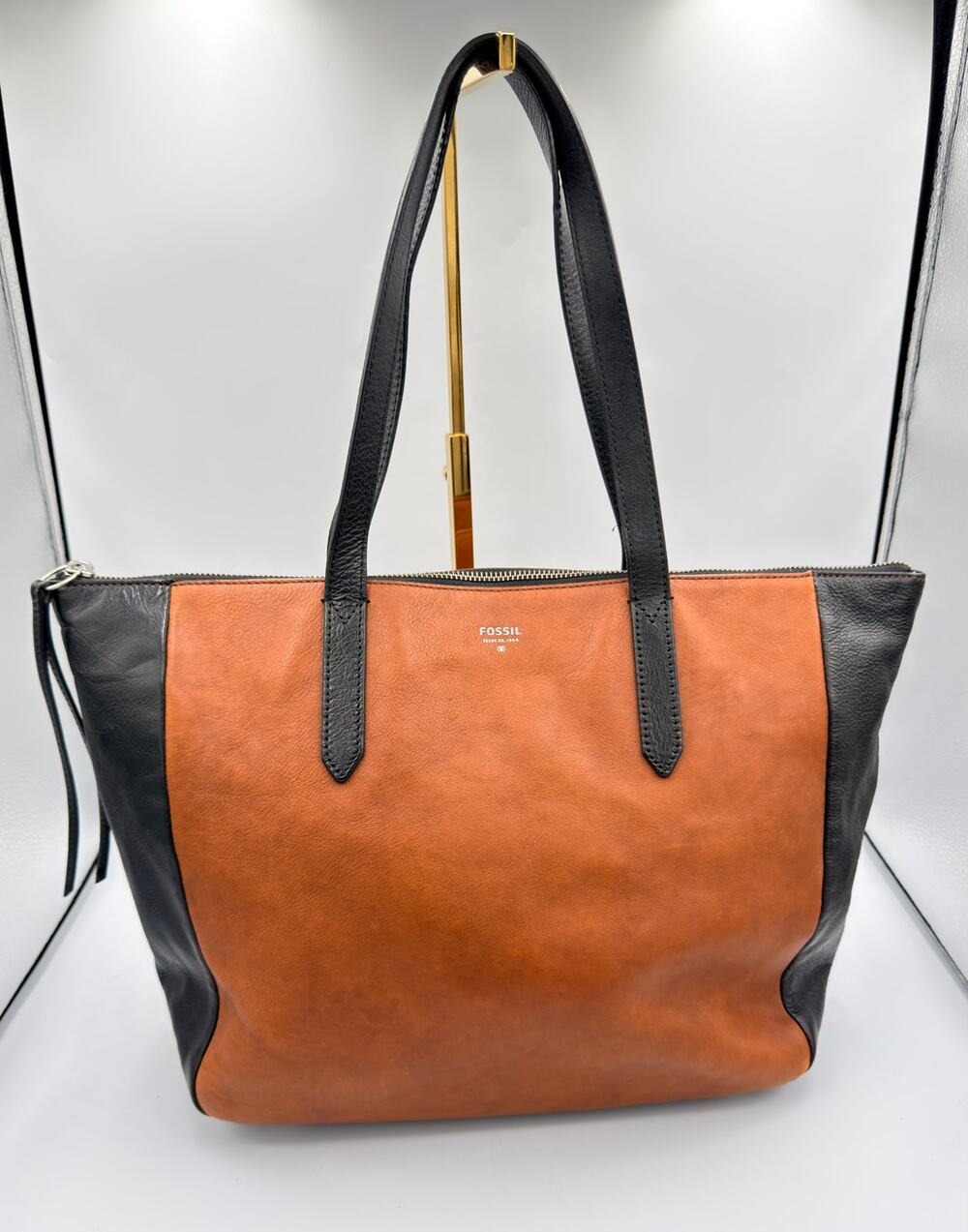 FOSSIL Brown & Black Sydney Shopper Tote Leather Shoulder Handbag Large